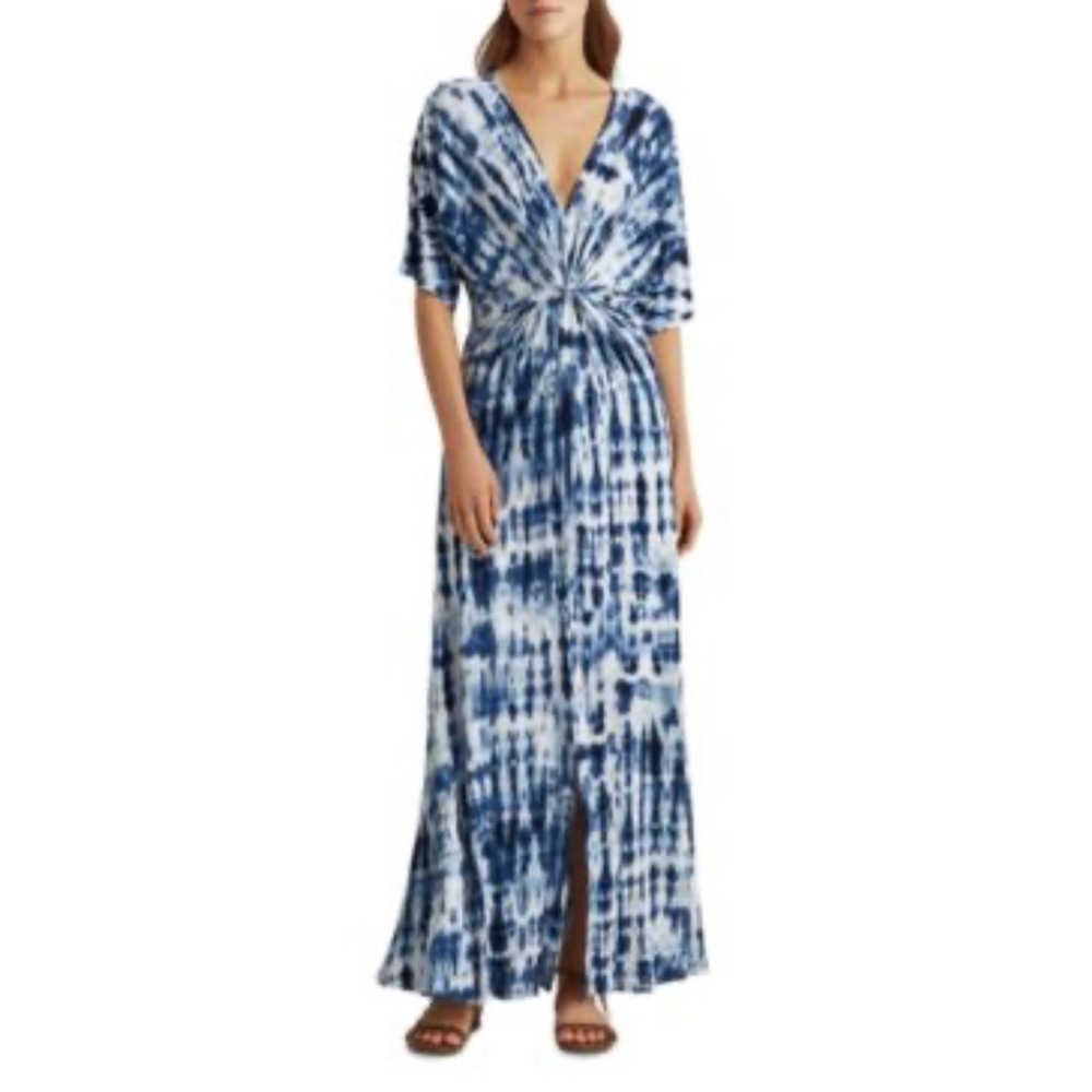 Lauren Ralph Lauren Linen Viscose Blue Tie Dye Boho Maxi Dress Sz Small Stretch